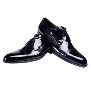 کفش مردانه تمام چرم دست دوز ورنی سرپنجه دار سه بند